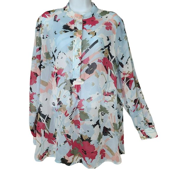 Anne Klein Earth Tone Floral Sheer Pullover Blouse Womens Sz 16 Top Polyester Lo - Picture 1 of 9